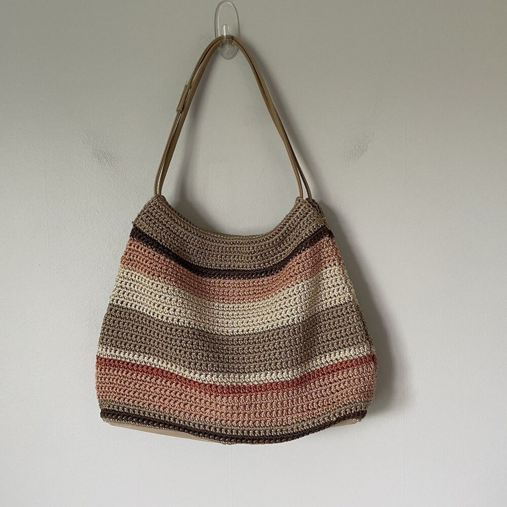 Vintage Woven Knit Crochet Shoulder Bag Purse Beige Tan Pink Stripes Cottagecore